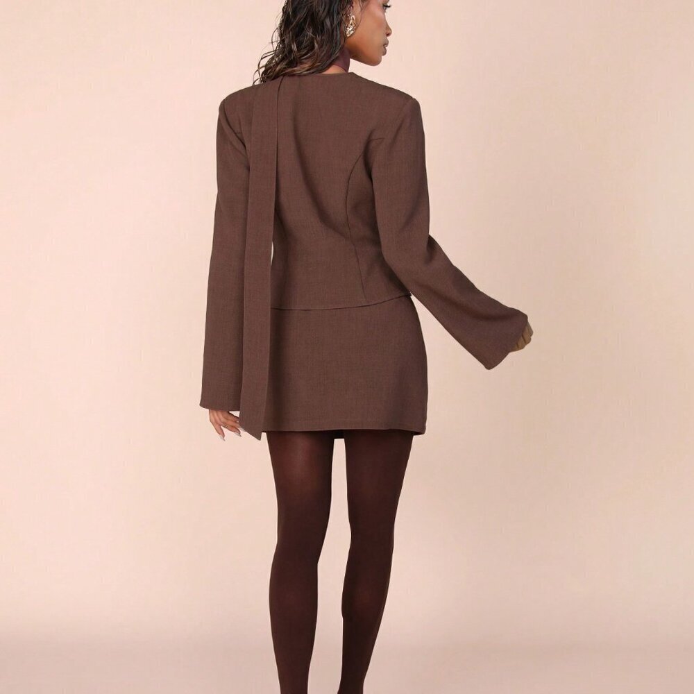 brown Casual Women's Long Sleeve Top And Skirt coord Set - Picture 8 of 9